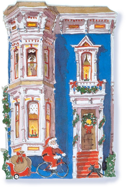 Victorian House Holiday Notecard, die-cut Blue Italianate