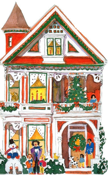 Victorian House Holiday Notecard, die-cut Red with Snowman