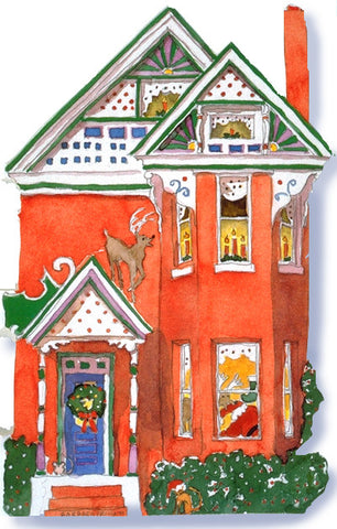 Victorian House Holiday Notecard, die-cut Red Queen Anne